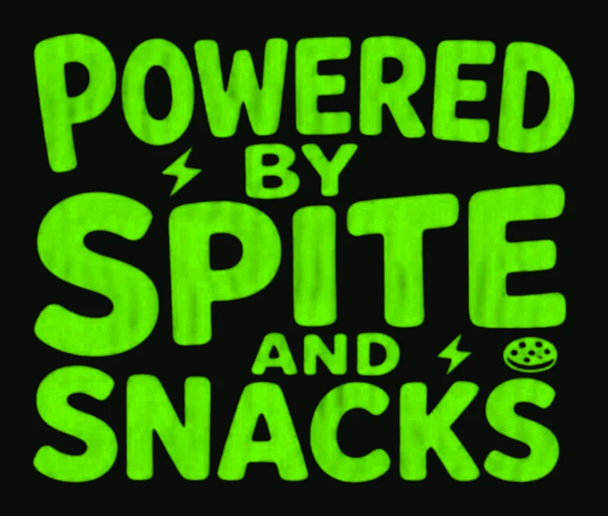 Powered By Spite And Snacks tee design in playful neon green bubble letters